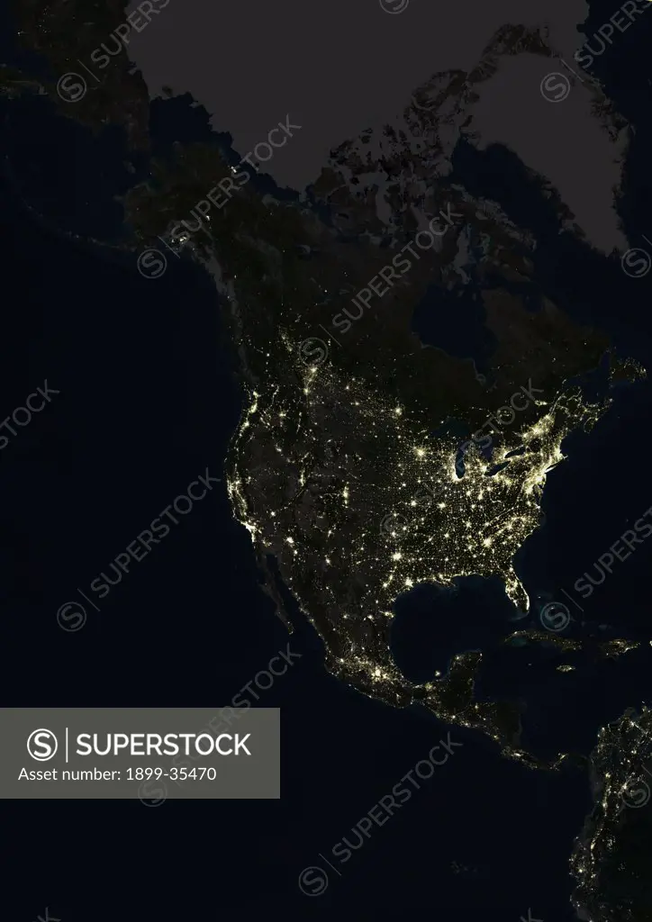 North America At Night, True Colour Satellite Image. True colour satellite image of North America at night. This image in Lambert Conformal Conic projection was compiled from data acquired by LANDSAT 5 & 7 satellites.