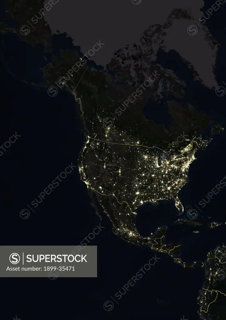 North America At Night With Country Borders, True Colour Satellite Image. True colour satellite image of North America at night with country borders. This image in Lambert Conformal Conic projection was compiled from data acquired by LANDSAT 5 & 7 satellites.