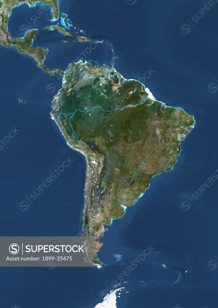 South America With Major Rivers, True Colour Satellite Image. True colour satellite image of South America with major rivers. This image in Lambert Azimuthal Equal Area projection was compiled from data acquired by LANDSAT 5 & 7 satellites.