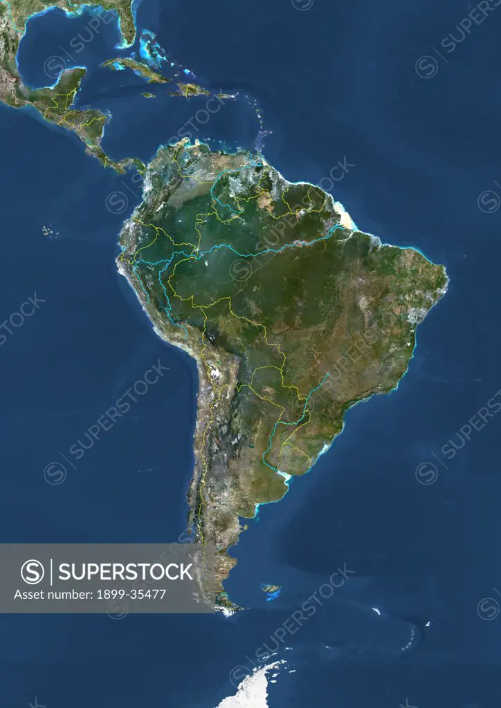 South America With Country Borders And Major Rivers, True Colour Satellite Image. True colour satellite image of South America with country borders and major rivers. This image in Lambert Azimuthal Equal Area projection was compiled from data acquired by LANDSAT 5 & 7 satellites.