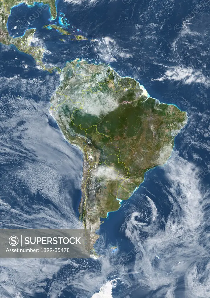 South America With Country Borders And Cloud Coverage, True Colour Satellite Image. True colour satellite image of South America with country borders and cloud coverage. This image in Lambert Azimuthal Equal Area projection was compiled from data acquired by LANDSAT 5 & 7 satellites.