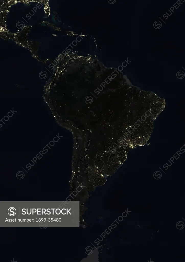 South America At Night, True Colour Satellite Image. True colour satellite image of South America at night. This image in Lambert Azimuthal Equal Area projection was compiled from data acquired by LANDSAT 5 & 7 satellites.