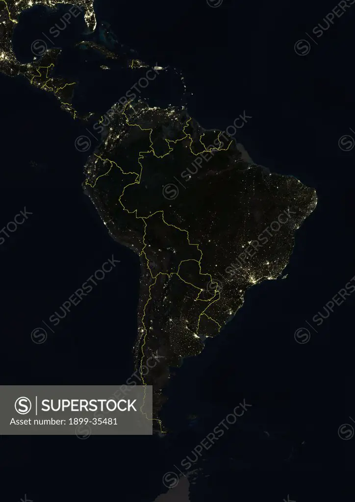 South America At Night With Borders, True Colour Satellite Image. True colour satellite image of South America at night with borders. This image in Lambert Azimuthal Equal Area projection was compiled from data acquired by LANDSAT 5 & 7 satellites.