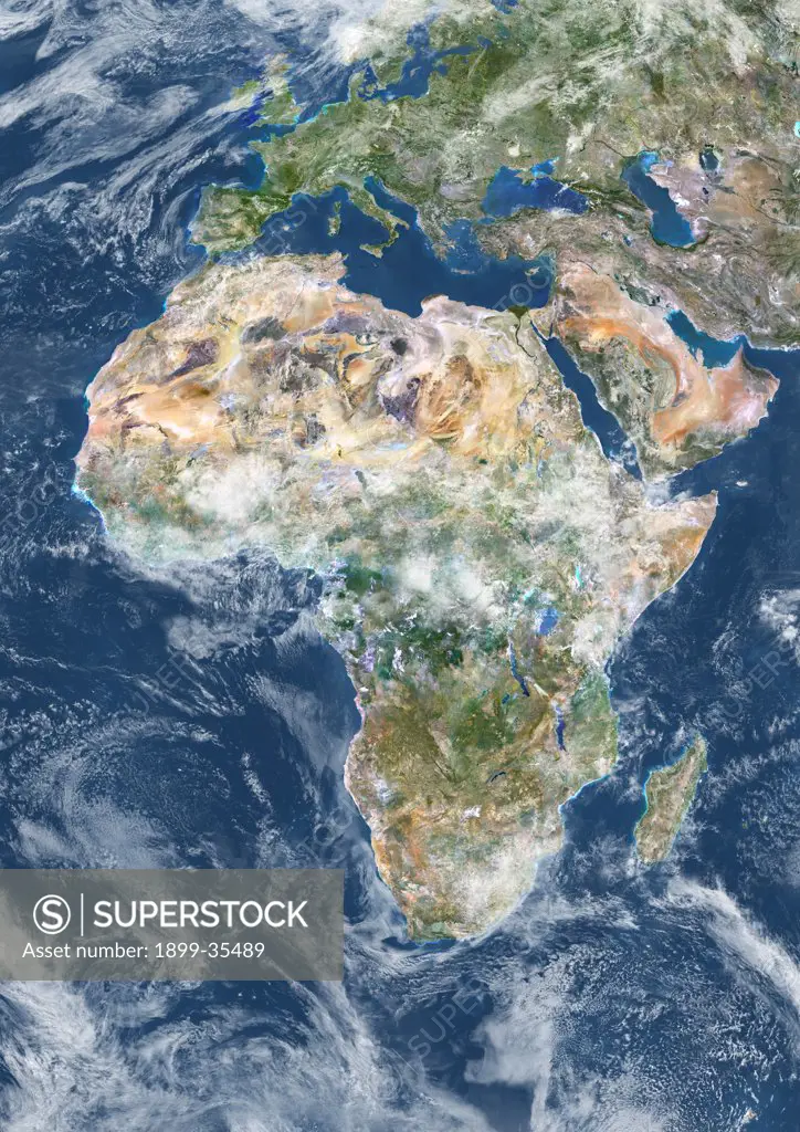 Africa With Cloud Coverage, True Colour Satellite Image. True colour satellite image of Africa with cloud coverage. This image in Lambert Azimuthal Equal Area projection was compiled from data acquired by LANDSAT 5 & 7 satellites.