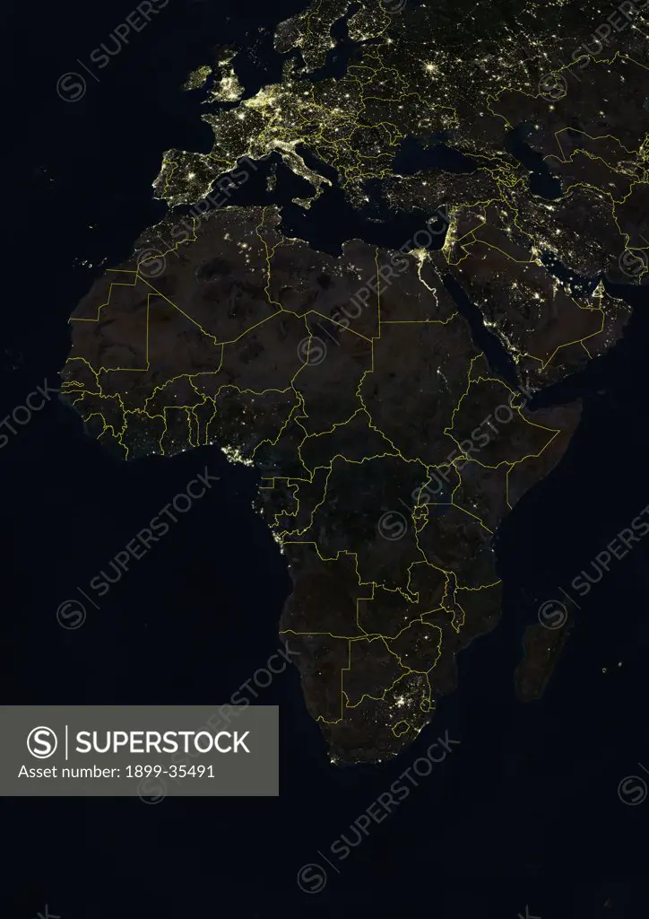 Africa At Night With Country Borders, True Colour Satellite Image. True colour satellite image of Africa at night with country borders. This image in Lambert Azimuthal Equal Area projection was compiled from data acquired by LANDSAT 5 & 7 satellites.
