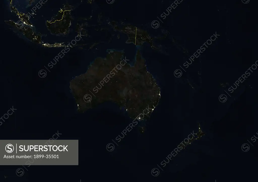 Oceania At Night With Country Borders, True Colour Satellite Image. True colour satellite image of Oceania at night with country borders. This image in Lambert Conformal Conic projection was compiled from data acquired by LANDSAT 5 & 7 satellites.