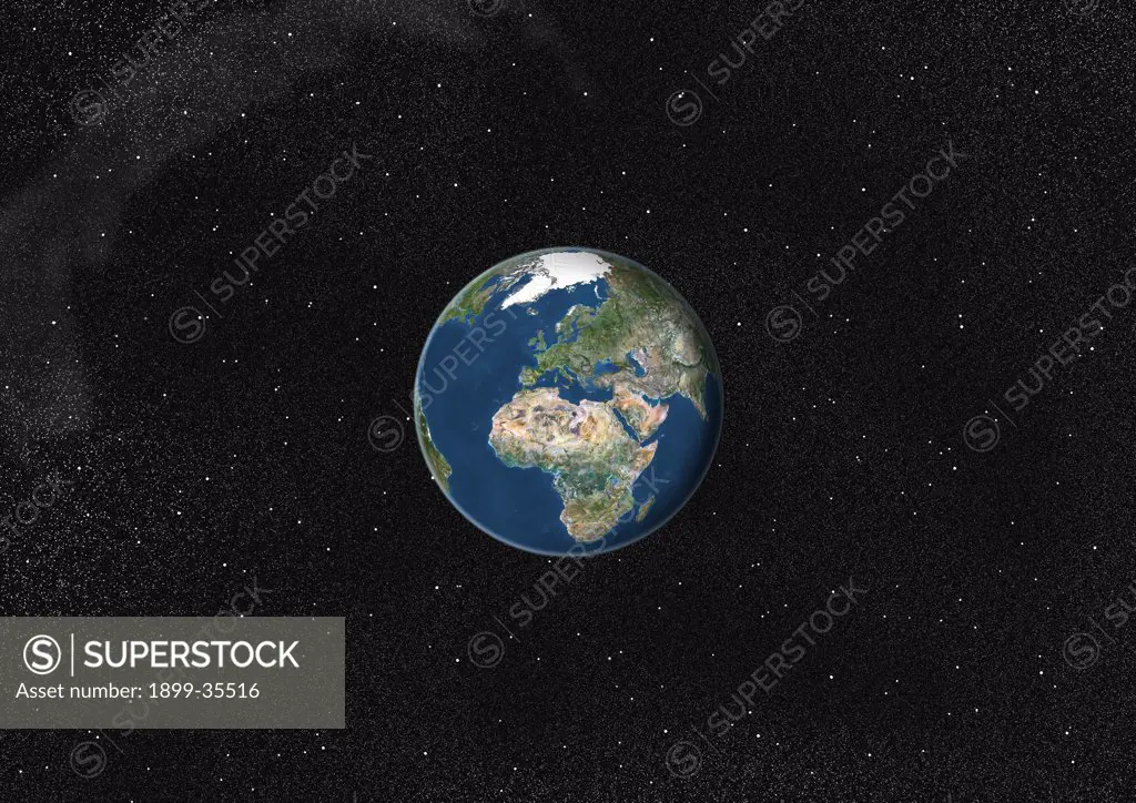 Globe Centred On Europe And Africa, True Colour Satellite Image. True colour satellite image of the Earth centred on Europe and Africa. This image in orthographic projection was compiled from data acquired by LANDSAT 5 & 7 satellites.