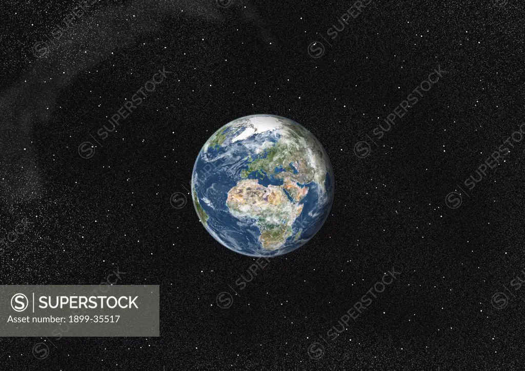 Globe Centred On Europe And Africa, True Colour Satellite Image. True colour satellite image of the Earth centred on Europe and Africa with cloud coverage. This image in orthographic projection was compiled from data acquired by LANDSAT 5 & 7 satellites.