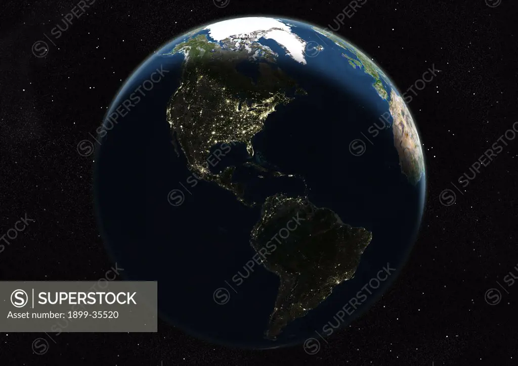 Globe Centred On The Americas, True Colour Satellite Image. True colour satellite image of the Earth centred on the Americas, during summer solstice at 6 a.m GMT. This image in orthographic projection was compiled from data acquired by LANDSAT 5 & 7 satellites.