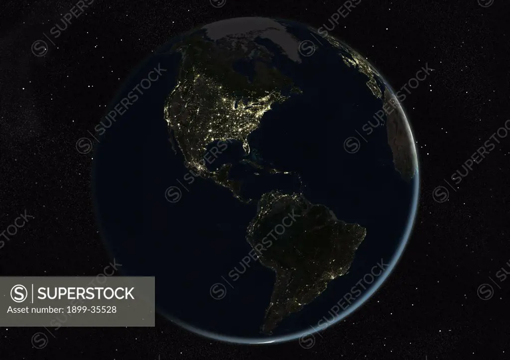 Globe Centred On The Americas, True Colour Satellite Image. True colour satellite image of the Earth centred on the Americas, during winter solstice at 6 a.m GMT. This image in orthographic projection was compiled from data acquired by LANDSAT 5 & 7 satellites.
