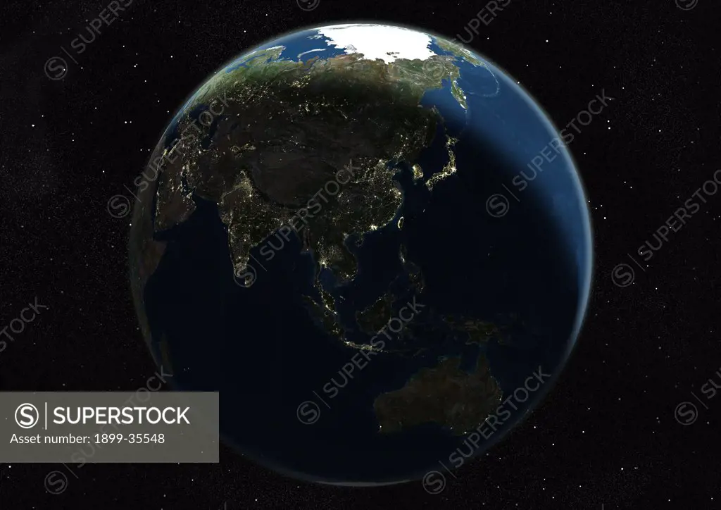 Globe Centred On Asia And Oceania, True Colour Satellite Image. True colour satellite image of the Earth centred on Asia and Oceania, during summer solstice at 6 p.m GMT. This image in orthographic projection was compiled from data acquired by LANDSAT 5 & 7 satellites.