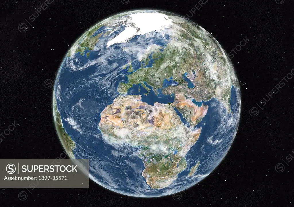 Globe Centred On Europe And Africa, True Colour Satellite Image. True colour satellite image of the Earth centred on Europe and Africa with cloud coverage, during summer solstice at 12 a.m GMT. This image in orthographic projection was compiled from data acquired by LANDSAT 5 & 7 satellites.