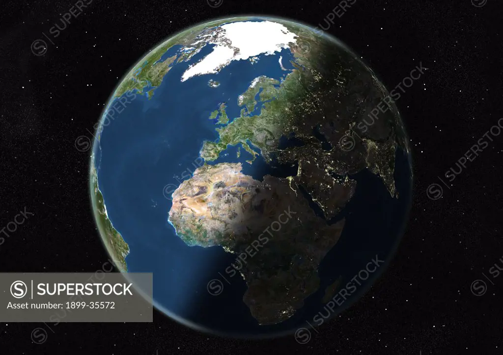 Globe Centred On Europe And Africa, True Colour Satellite Image. True colour satellite image of the Earth centred on Europe and Africa, during summer solstice at 6 p.m GMT. This image in orthographic projection was compiled from data acquired by LANDSAT 5 & 7 satellites.