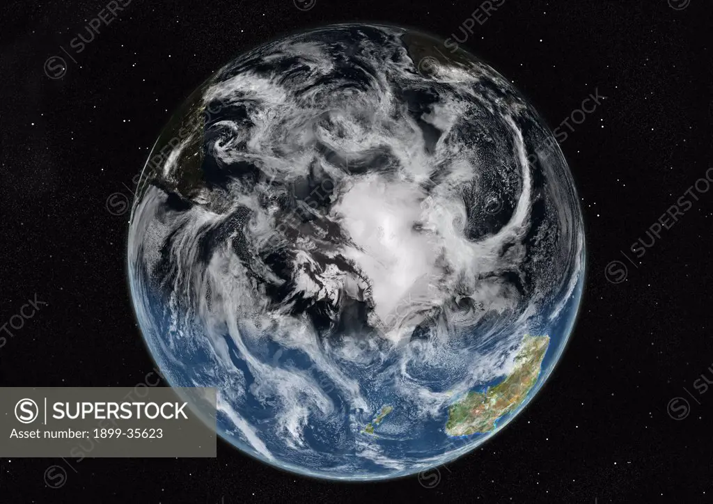 Globe Centred On The South Pole, True Colour Satellite Image. True colour satellite image of the Earth centred on the South Pole with cloud coverage, during summer solstice at 12 p.m GMT. This image in orthographic projection was compiled from data acquired by LANDSAT 5 & 7 satellites.