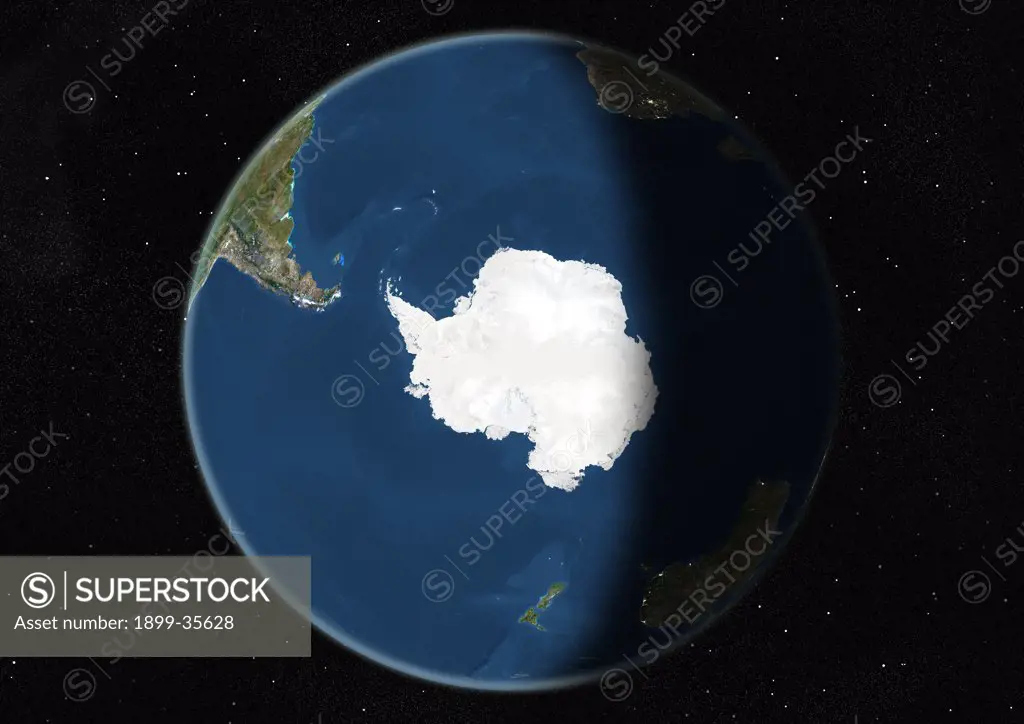 Globe Centred On The South Pole, True Colour Satellite Image. True colour satellite image of the Earth centred on the South Pole, during winter solstice at 6 p.m GMT. This image in orthographic projection was compiled from data acquired by LANDSAT 5 & 7 satellites.