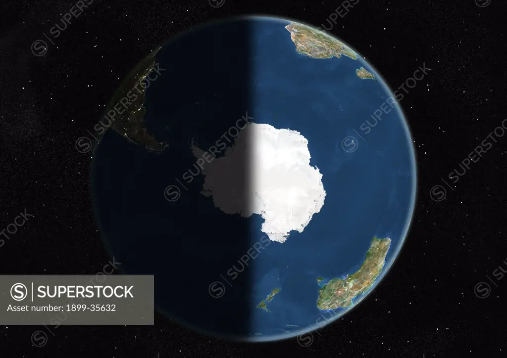 Globe Centred On The South Pole, True Colour Satellite Image. True colour satellite image of the Earth centred on the South Pole, at the equinox at 6 a.m GMT. This image in orthographic projection was compiled from data acquired by LANDSAT 5 & 7 satellites.
