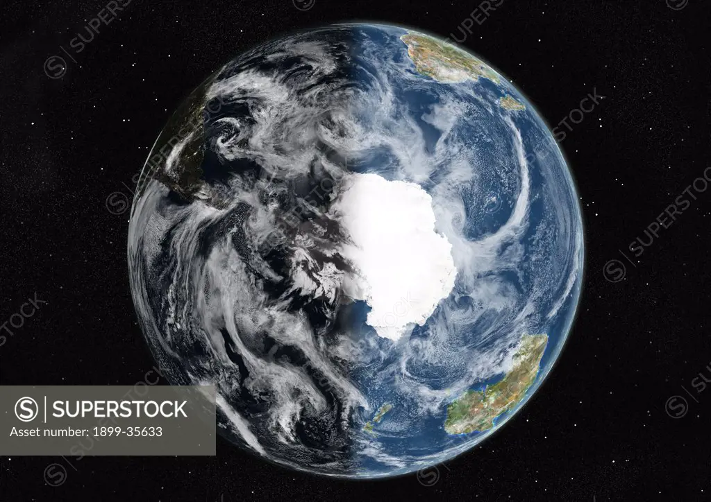 Globe Centred On The South Pole, True Colour Satellite Image. True colour satellite image of the Earth centred on the South Pole with cloud coverage, at the equinox at 6 a.m GMT. This image in orthographic projection was compiled from data acquired by LANDSAT 5 & 7 satellites.