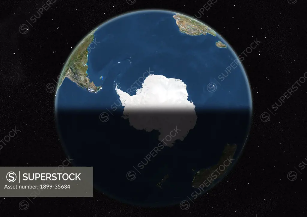 Globe Centred On The South Pole, True Colour Satellite Image. True colour satellite image of the Earth centred on the South Pole, at the equinox at 12 a.m GMT. This image in orthographic projection was compiled from data acquired by LANDSAT 5 & 7 satellites.
