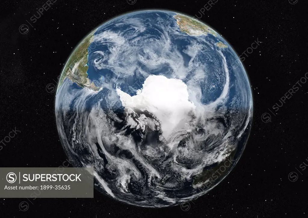 Globe Centred On The South Pole, True Colour Satellite Image. True colour satellite image of the Earth centred on the South Pole with cloud coverage, at the equinox at 12 a.m GMT. This image in orthographic projection was compiled from data acquired by LANDSAT 5 & 7 satellites.