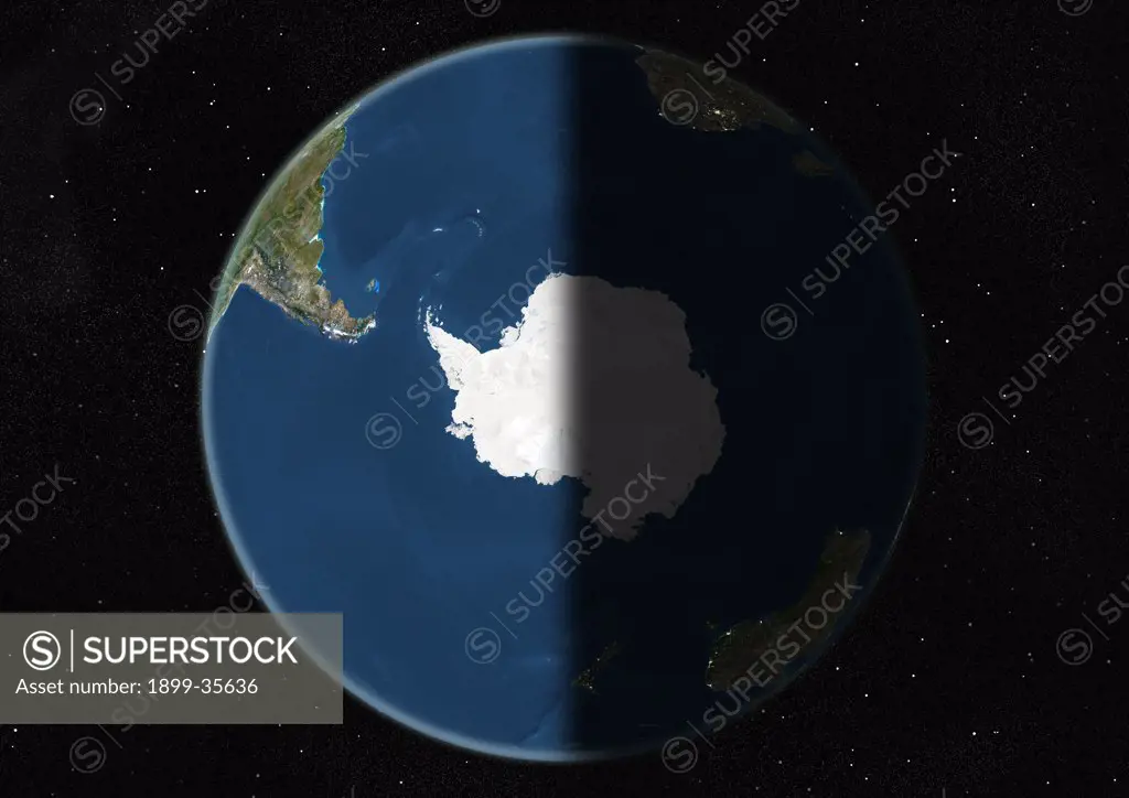 Globe Centred On The South Pole, True Colour Satellite Image. True colour satellite image of the Earth centred on the South Pole, at the equinox at 6 p.m GMT. This image in orthographic projection was compiled from data acquired by LANDSAT 5 & 7 satellites.