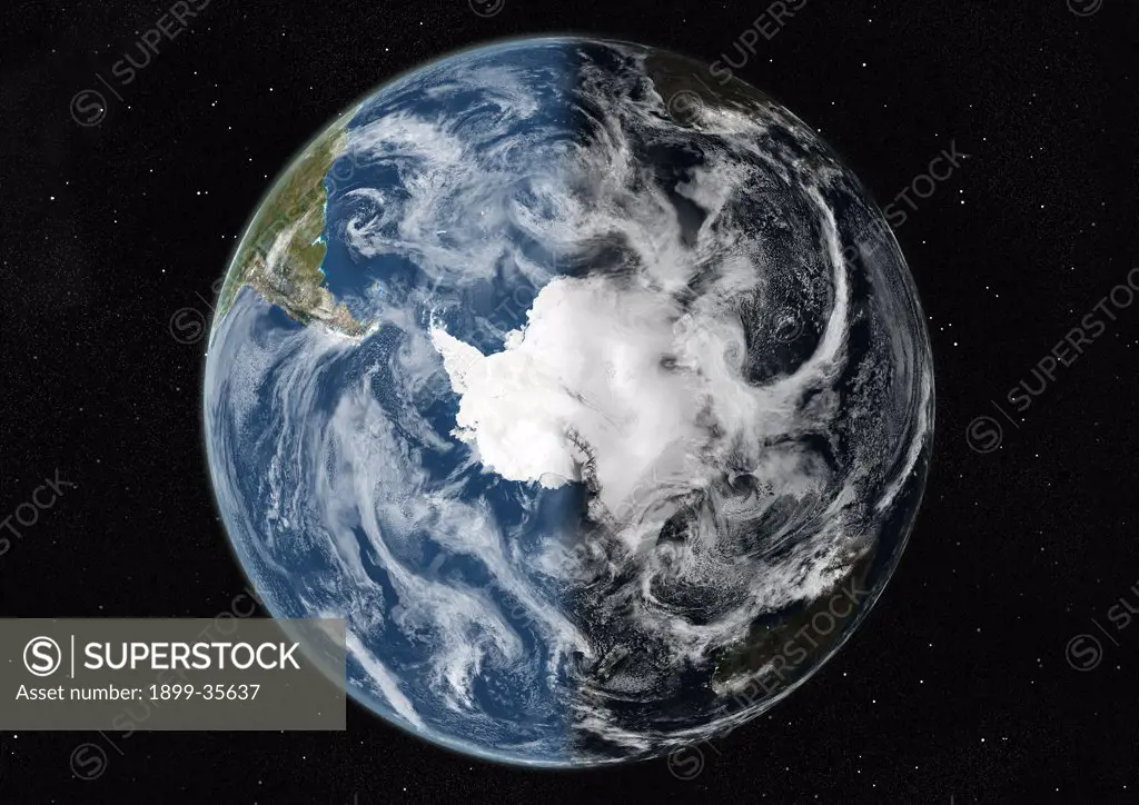 Globe Centred On The South Pole, True Colour Satellite Image. True colour satellite image of the Earth centred on the South Pole with cloud coverage, at the equinox at 6 p.m GMT. This image in orthographic projection was compiled from data acquired by LANDSAT 5 & 7 satellites.