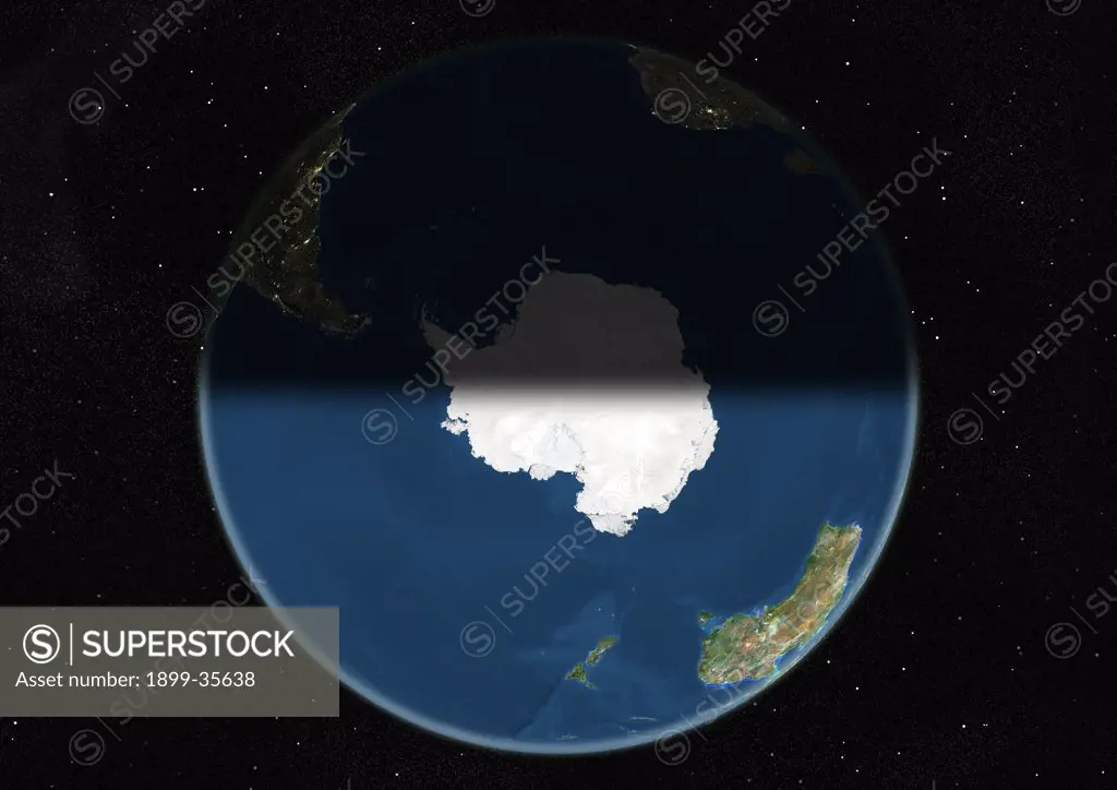 Globe Centred On The South Pole, True Colour Satellite Image. True colour satellite image of the Earth centred on the South Pole, at the equinox at 12 p.m GMT. This image in orthographic projection was compiled from data acquired by LANDSAT 5 & 7 satellites.
