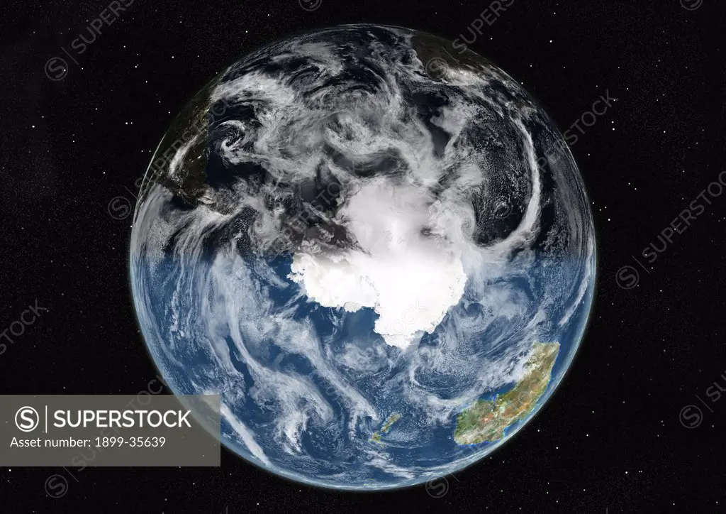 Globe Centred On The South Pole, True Colour Satellite Image. True colour satellite image of the Earth centred on the South Pole with cloud coverage, at the equinox at 12 p.m GMT. This image in orthographic projection was compiled from data acquired by LANDSAT 5 & 7 satellites.