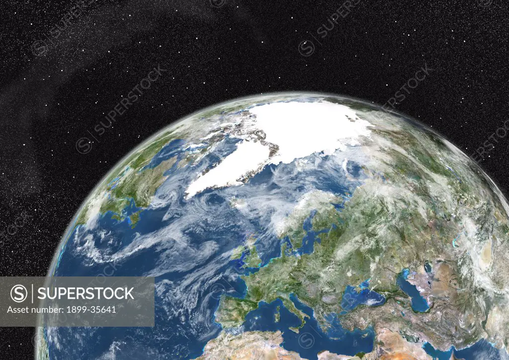 Globe Showing Europe, True Colour Satellite Image. True colour satellite image of the Earth showing Greenland, the North Pole and Europe, with cloud coverage. This image in orthographic projection was compiled from data acquired by LANDSAT 5 & 7 satellites.