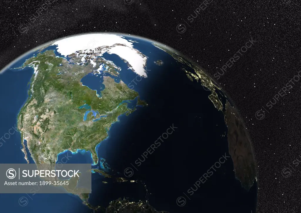Globe Showing Northern America, True Colour Satellite Image. True colour satellite image of the Earth showing Northern America, half in shadow. This image in orthographic projection was compiled from data acquired by LANDSAT 5 & 7 satellites.
