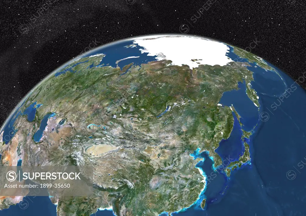 Globe Showing Asia, True Colour Satellite Image. True colour satellite image of the Earth showing Asia and the North Pole. This image in orthographic projection was compiled from data acquired by LANDSAT 5 & 7 satellites.