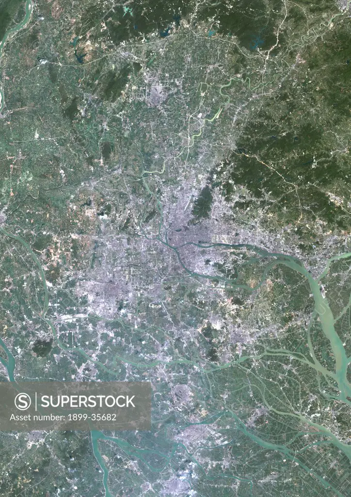 Canton, China, In 2000, True Colour Satellite Image. True colour satellite image of the city of Guangzhou (Canton), China. Image taken on 14 September 2000, using LANDSAT data.