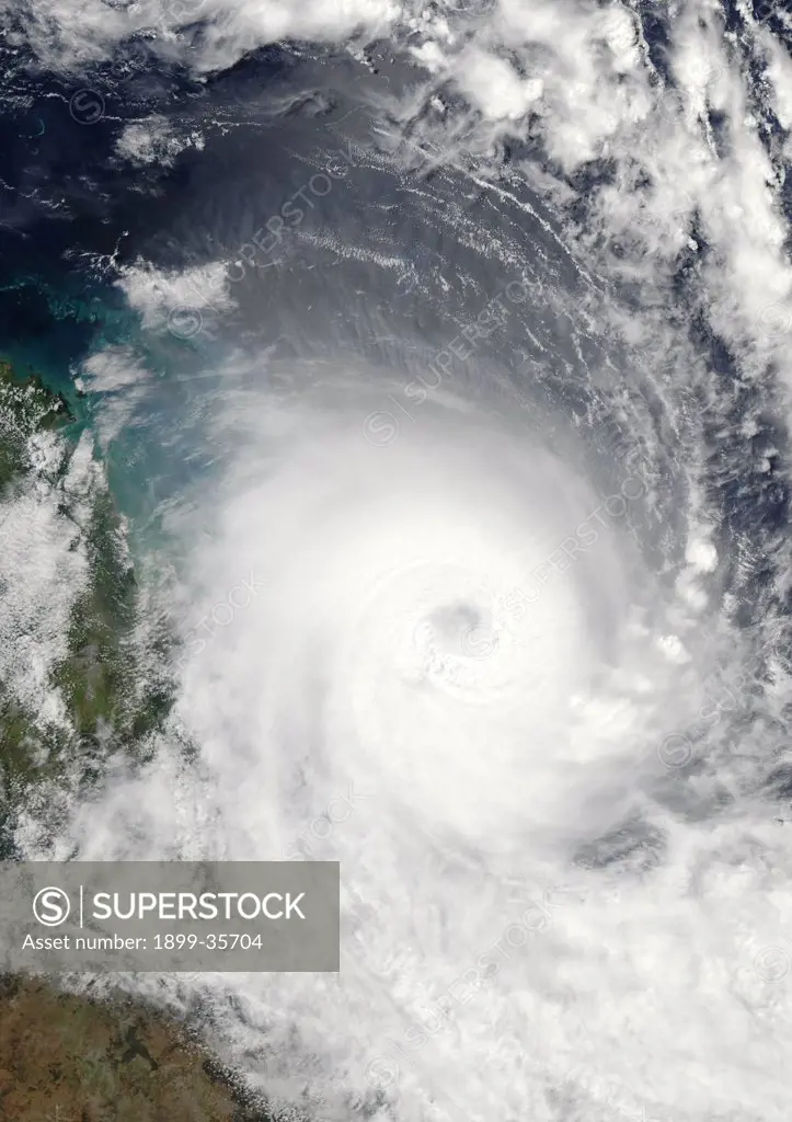 Cyclone Hamish, Australia, In 2009, True Colour Satellite Image. Tropical Cyclone Hamish over the Coral Sea just off the coast of Queensland, Australia, on 9 March 2009. True-colour satellite image using MODIS data.