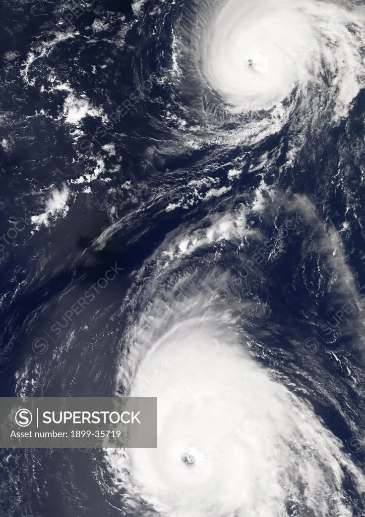 Hurricanes Gordon And Helene, Atlantic Ocean, In 2006, True Colour Satellite Image. Hurricane Gordon on the top, with Hurricane Helene to the southeast on 18 September 2006 over the Atlantic ocean. True-colour satellite image using MODIS data.