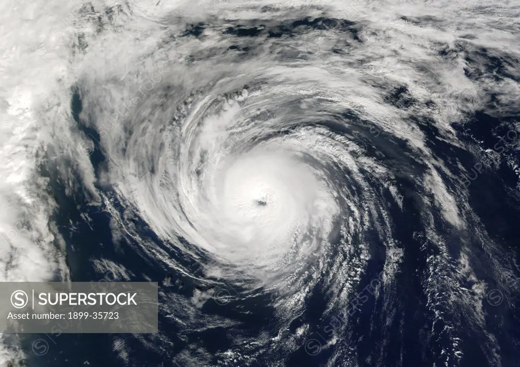 Hurricane Humberto, Atlantic Ocean, In 2001, True Colour Satellite Image. Hurricane Humberto on 26 September 2001 over the Atlantic ocean, after passing near the Bermuda islands. True-colour satellite image using MODIS data.