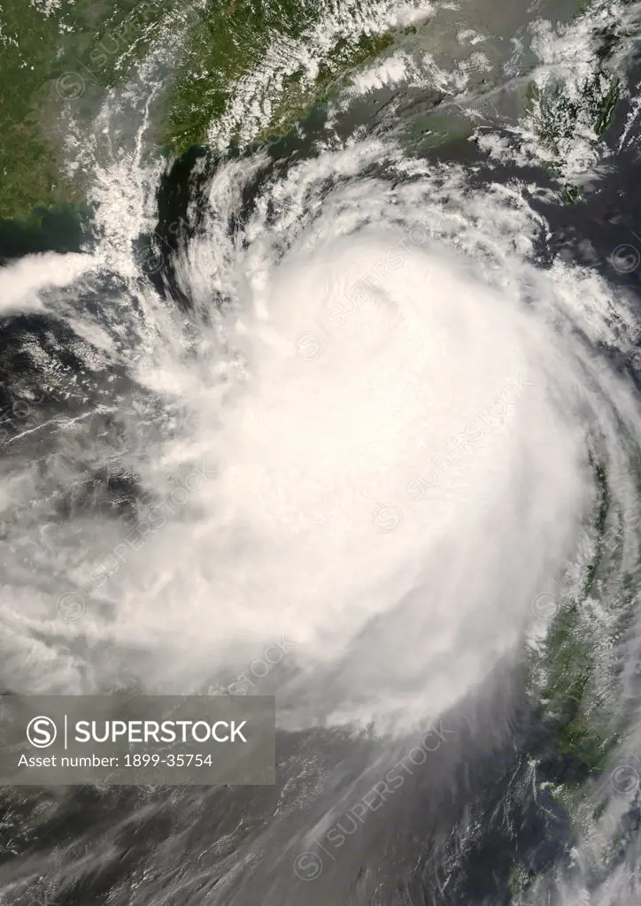 Typhoon Nuri, Western Pacific, Asia, On 21/08/2008, True Colour Satellite Image. Typhoon Nuri on 21 August 2008 nearing Hong-Kong in the Western Pacific ocean. True-colour satellite image using MODIS data.