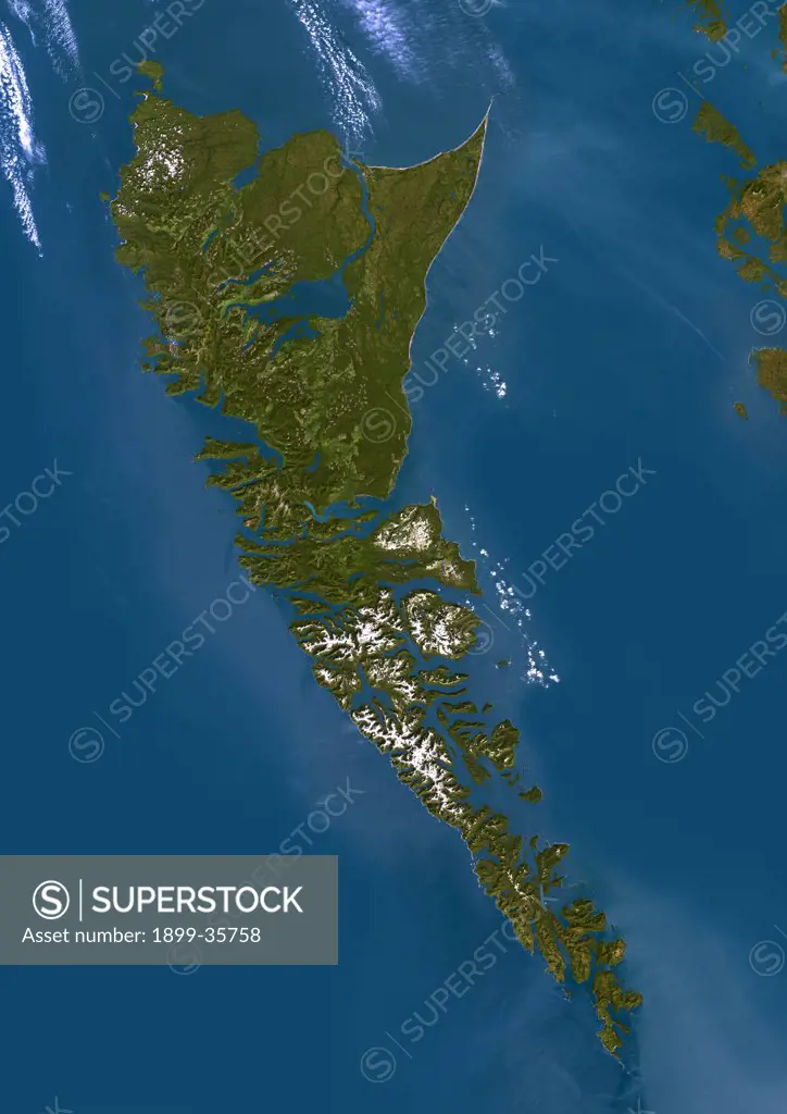 Queen Charlotte Islands, Canada, True Colour Satellite Image. True colour satellite image of Queen Charlotte Islands, an archipelago on the British Columbia Coast, Canada, in the Pacific ocean. Image using LANDSAT 7 data.