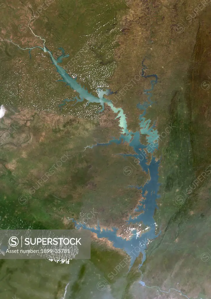 Lake Volta, Ghana, True Colour Satellite Image. True colour satellite image of Lake Volta, in Ghana. It is the largest reservoir by surface area in the world, and the fourth largest by volume. Composite image using LANDSAT 7 data.