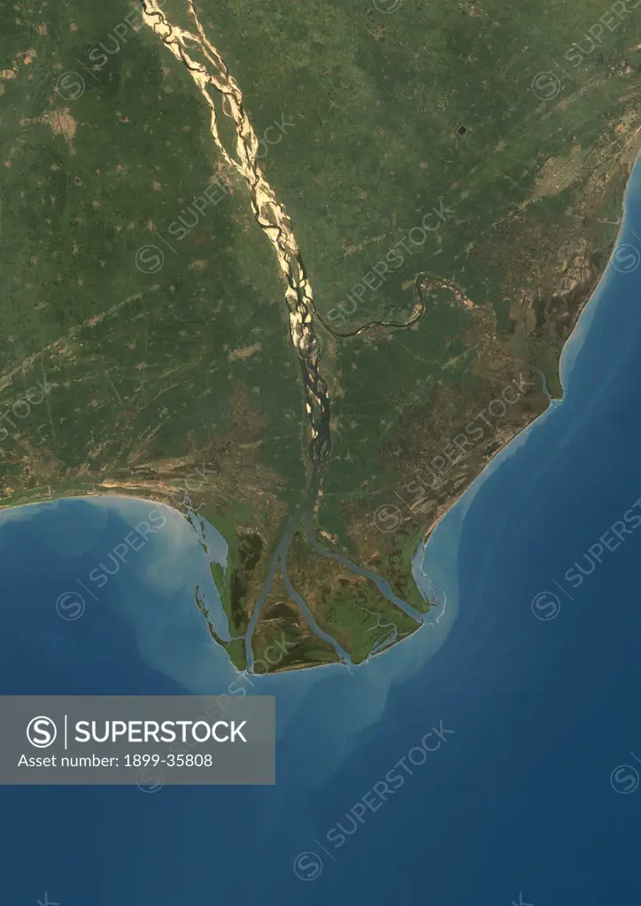 Krishna River Delta, India, True Colour Satellite Image. True colour satellite image of Krishna River Delta in India. The Krishna River flows into the Bay of Bengal. Composite image using LANDSAT 7 data.