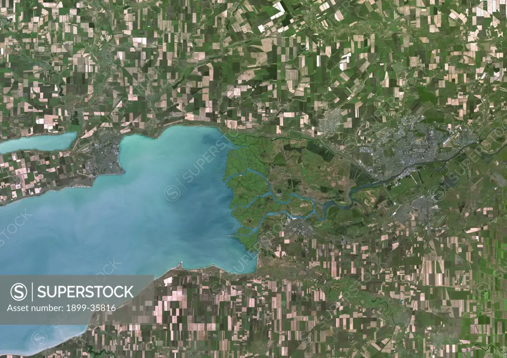 Don River Delta, Russia, True Colour Satellite Image. True colour satellite image of the Don River Delta in Russia. The Don River flows into the Sea of Azov. Composite image using LANDSAT 7 data.