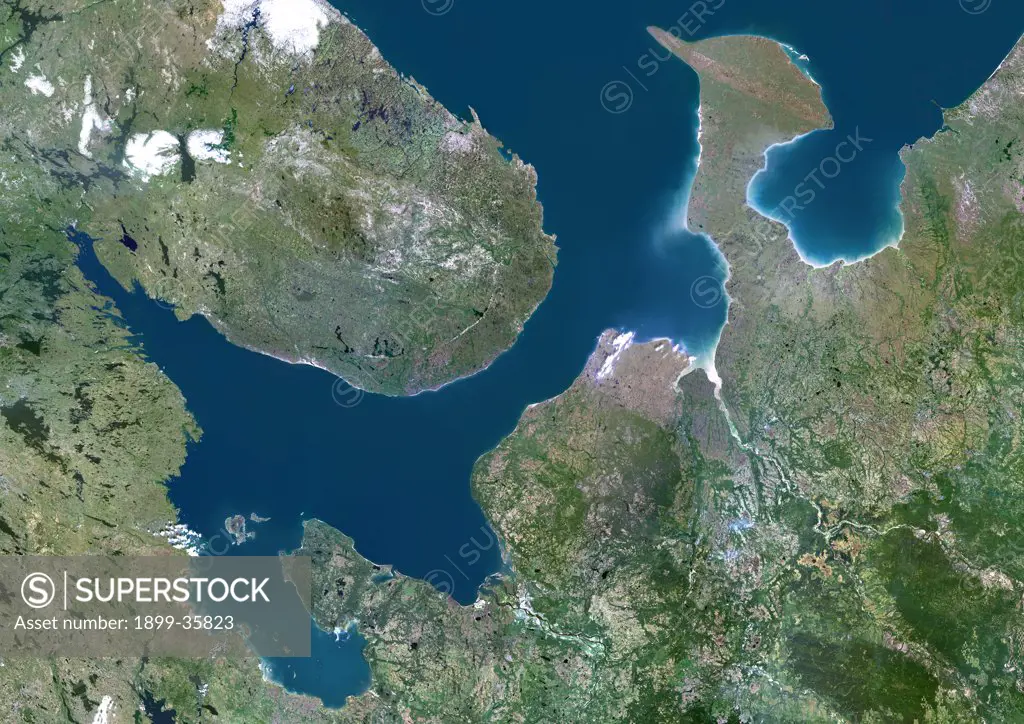 White Sea, Russia, True Colour Satellite Image. True colour satellite image of the White Sea, an inlet of the Barents Sea (at top) on the northwest coast of Russia. Composite image using LANDSAT 5 data.