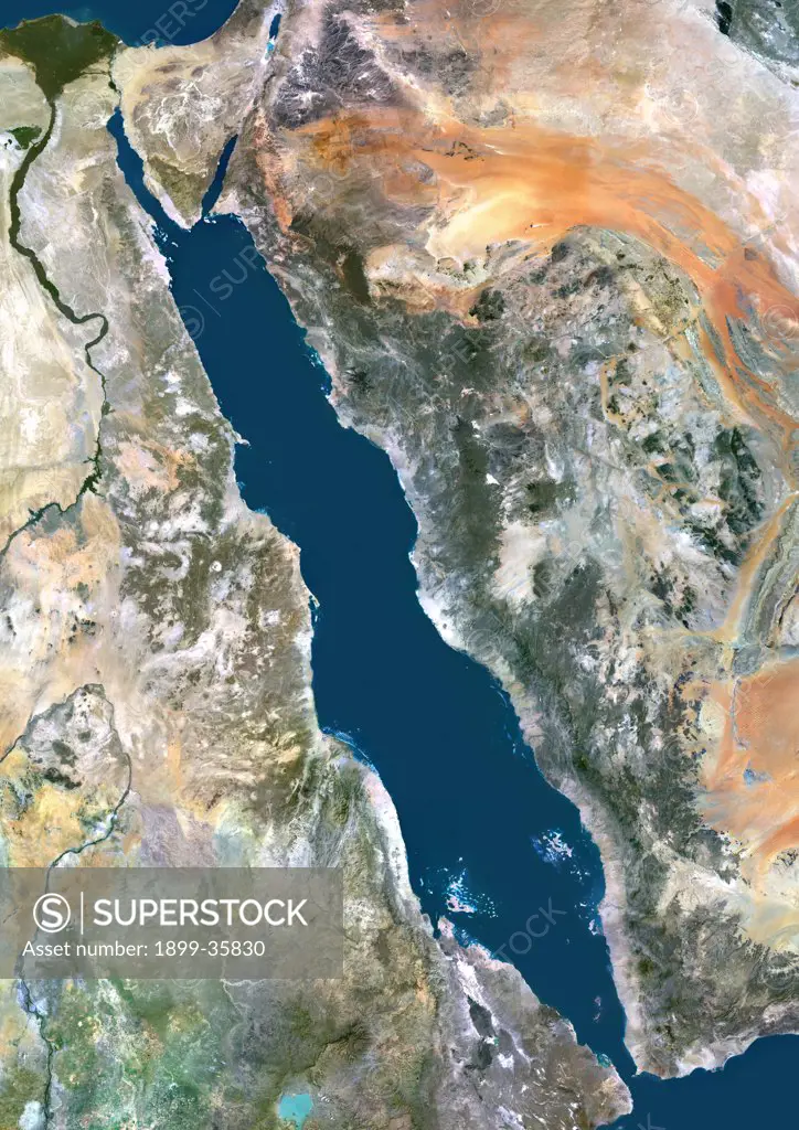 Red Sea, Middle East, True Colour Satellite Image. True colour satellite image of the Red Sea, a seawater inlet of the Indian Ocean, lying between Africa and Asia. The connection to the ocean is in the south through the Gulf of Aden. In the north, there is the Gulf of Aqaba and the Gulf of Suez, leading to the Suez Canal. Bordering countries are Egypt, Israel, Jordan, Saudi Arabia, Yemen, Djibouti, Eritrea and Sudan. Composite image using LANDSAT 5 data.