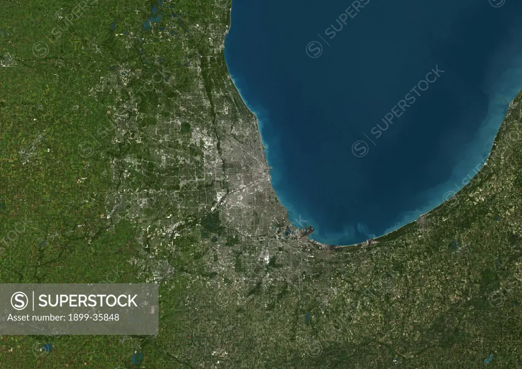 Chicago, United States, True Colour Satellite Image. True colour satellite image of the city of Chicago, Illinois, USA. The city is located on the southwestern shores of Lake Michigan. Composite image from 2001, using LANDSAT 7 data.