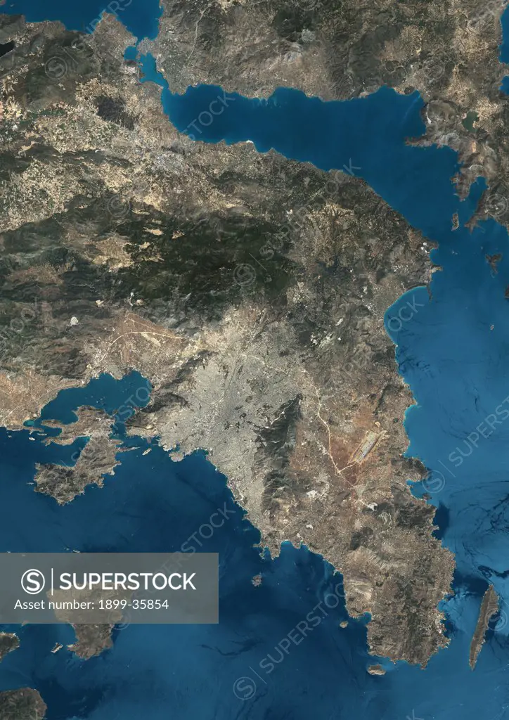 Athens, Greece, True Colour Satellite Image. True colour satellite image of Athens, the capital and largest city of Greece. Composite image using LANDSAT 7 data.