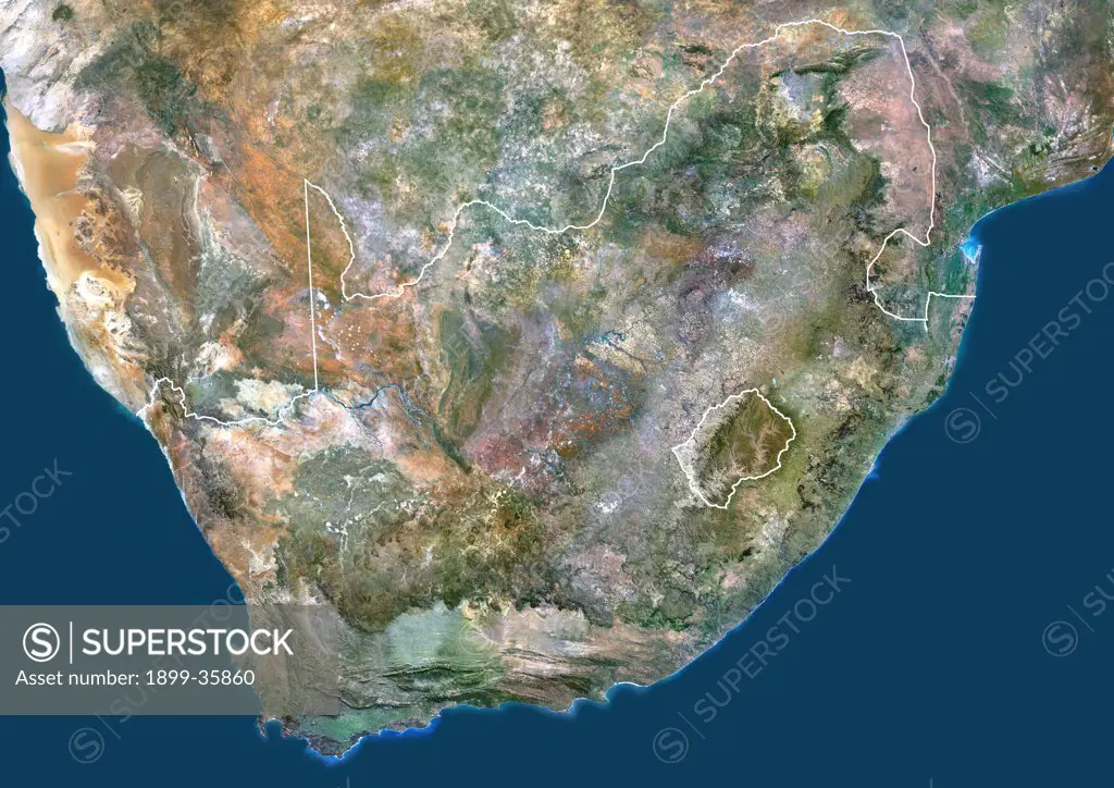 South Africa, True Colour Satellite Image With Border. South Africa, true colour satellite image with border. This image was compiled from data acquired by LANDSAT 5 & 7 satellites.