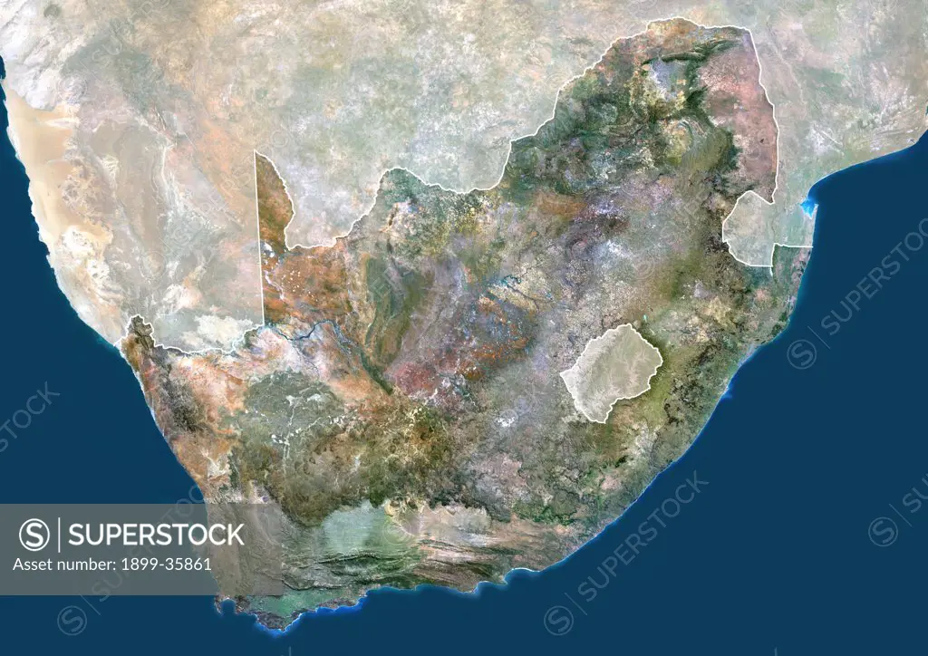 South Africa, True Colour Satellite Image With Mask And Border. South Africa, true colour satellite image with mask and border. This image was compiled from data acquired by LANDSAT 5 & 7 satellites.