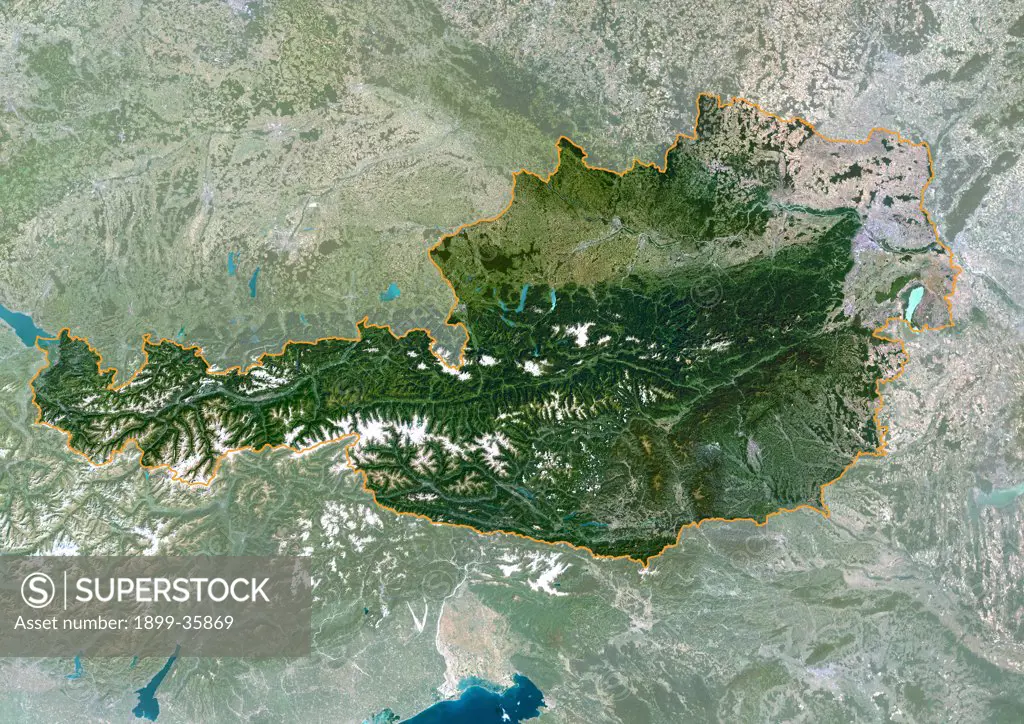 Austria, True Colour Satellite Image With Mask And Border. True colour satellite image of Austria with mask and border. North is at top. Vegetation is green, snow is white and water is blue. Austria (darker in colour) is surrounded by Germany (north-west), the Czech Republic (north-east), Slovakia and Hungary (east), Slovenia (south-east), Italy (south-west) and Switzerland (west). There is snow on the mountains of the Alps at lower left. The image used data from LANDSAT 5 & 7 satellites.