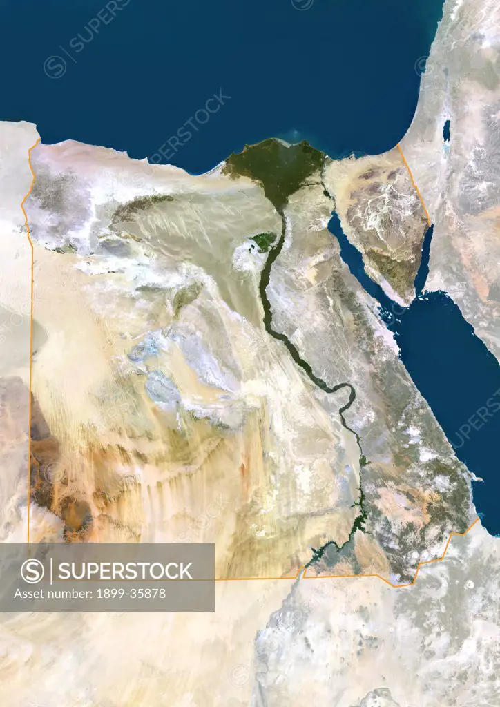 Egypt, True Colour Satellite Image With Mask And Border. Egypt, true colour satellite image with mask and border. North is at top. In the center of the image is the Nile Delta, its lush vegetation following the path of the river. To the east of the Nile is the Gulf of Suez, which runs down the western side of the Sinai Peninsula. This image was compiled from data acquired by LANDSAT 5 & 7 satellites.