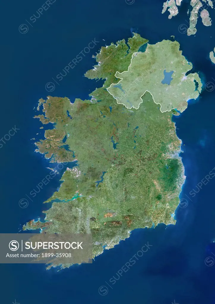 Ireland, True Colour Satellite Image With Mask And Border. Ireland. True-colour satellite image of Ireland with mask and border. North is at top. Ireland's capital city, Dublin, is at centre right. Image taken by the lANDSAT 5 satellite.