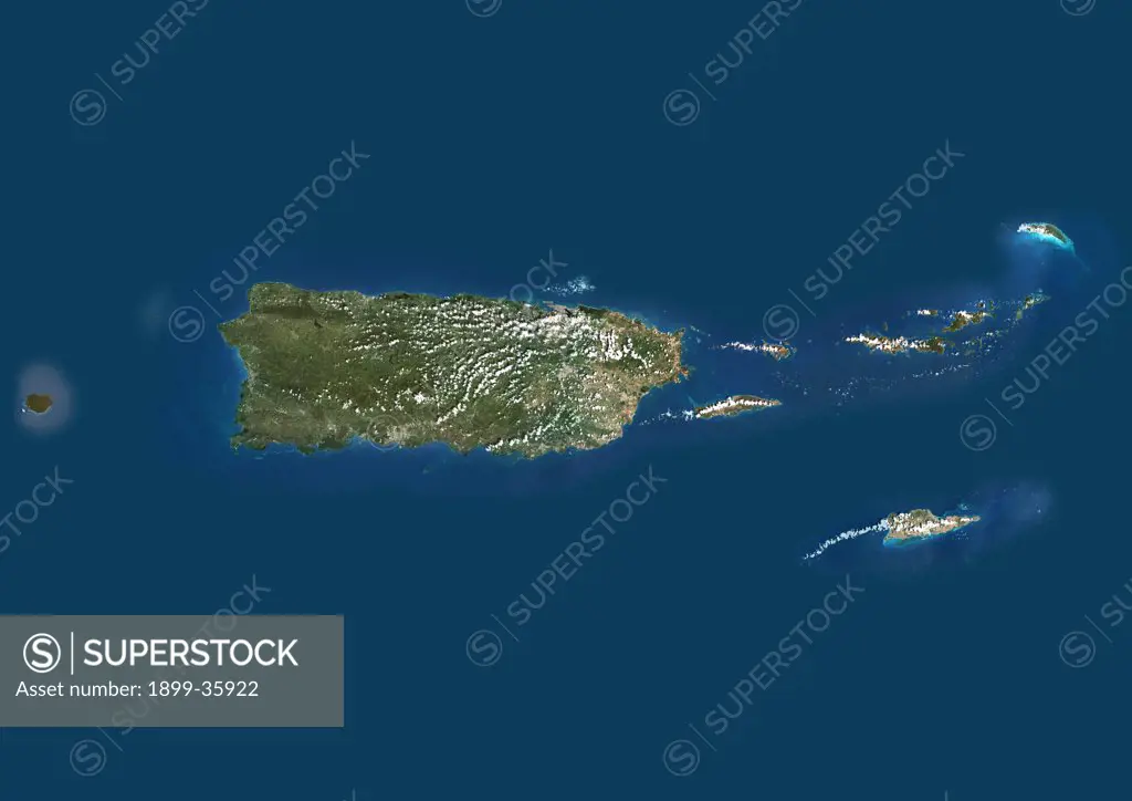 Puerto Rico And The Virgin Islands, True Colour Satellite Image. Puerto Rico and the Virgin Islands. True colour satellite image showing Puerto Rico (west) and the Virgin islands (east). Composite image using data from LANDSAT 5 & 7satellites.