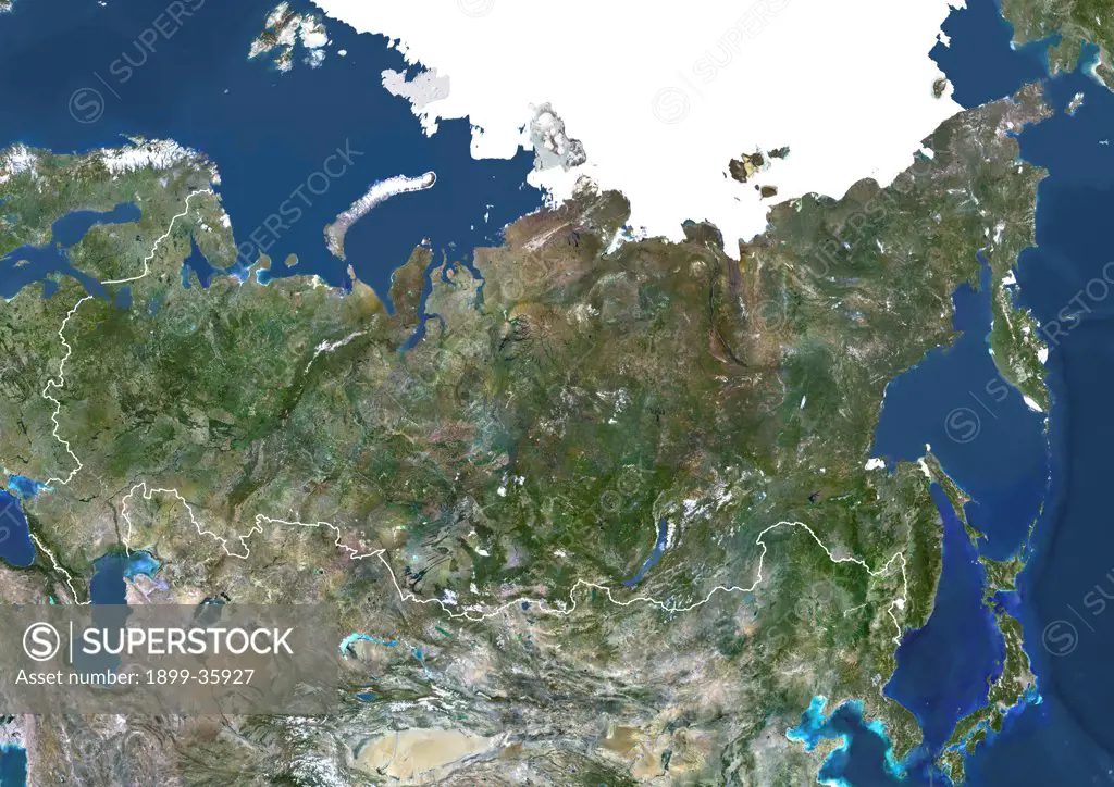 Russia, True Colour Satellite Image With Border. Russia, true colour satellite image with border. Composite image using data from LANDSAT 5 & 7satellites.